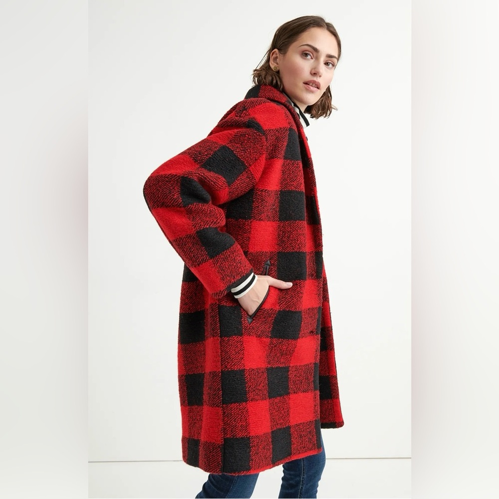 Lucky Brand Buffalo Check Plaid Oversized Wool Blend Coat, Red & Black, Sz - L